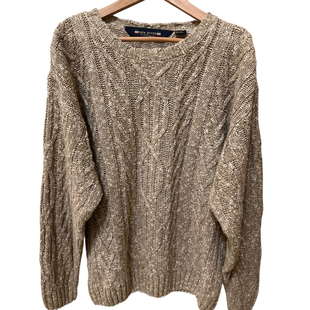 New River Vintage Y2K 90s 80s Cable Knit Tan Linen Crewneck Sweater Size Medium